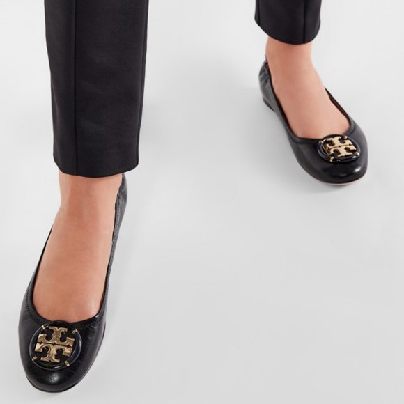 Tory Burch Enamel Logo Leather Ballet Flats Perfect Black Gold Heel Details - Picture 4 of 15
